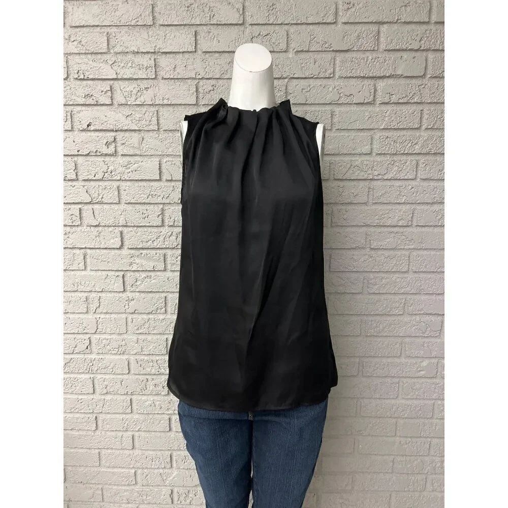 Worthington Women Black Satin Pleated High Neck Sleeveless Blouse Size M